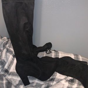 Black velvet 3 inch heel thigh high boots